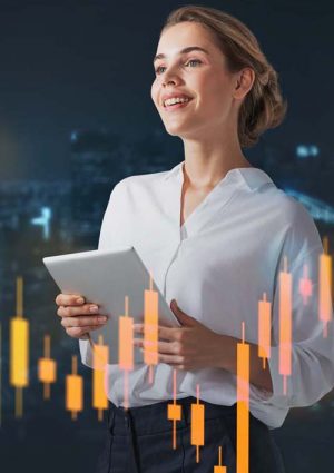 Cheerful young businesswoman using tablet in blurry night city with double exposure of financial graph. Toned image